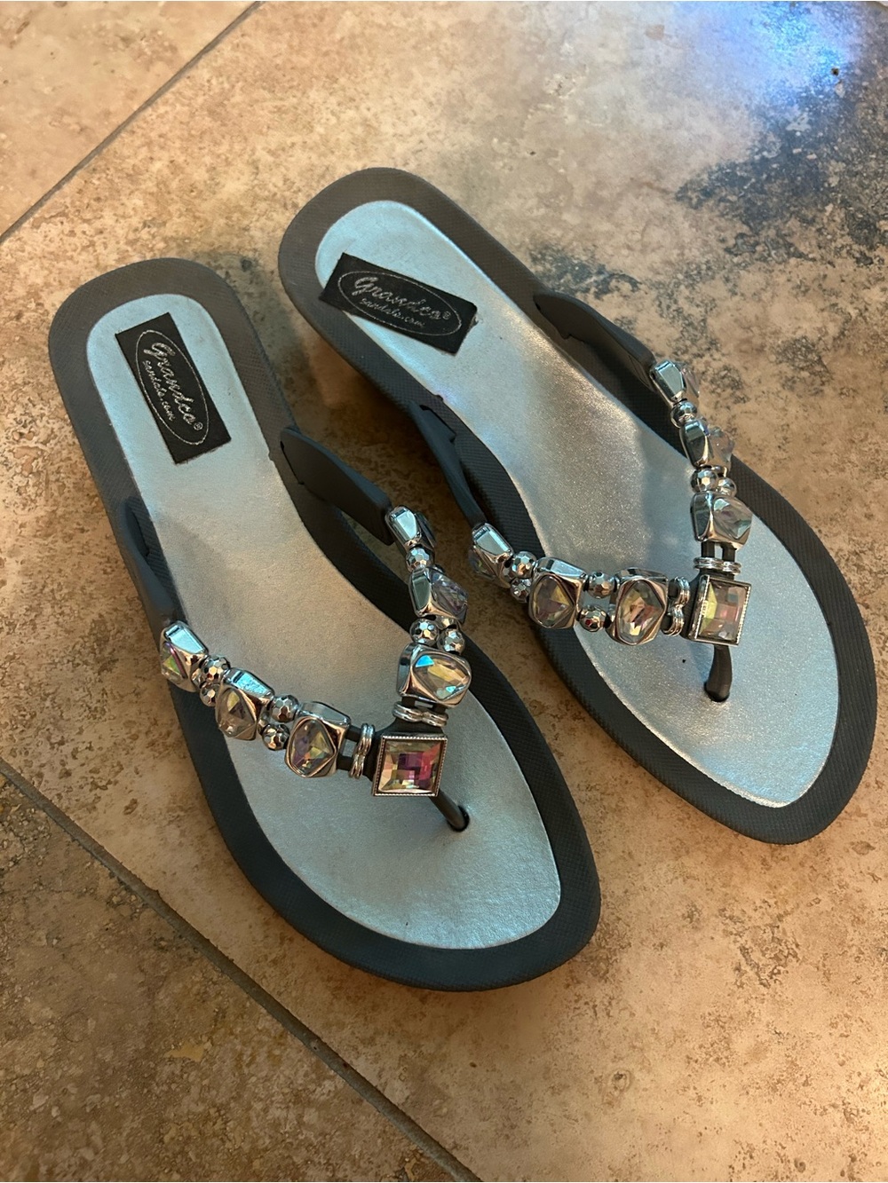 Grace Black Flip Flop Sandals with Silver Jeweled Accents